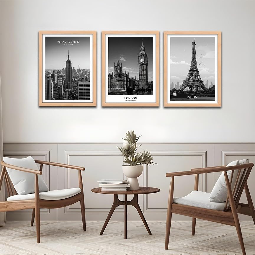 Image of NoWorries Black & White City Wall Art Framed Painting Set of 3 | New York London Paris Skyline Prints with Frame | Modern Minimalist Travel Poster Wall Decor Frames for Living Room, Bedroom and Office | Ready to Hang (Art-1, 13x19inch, Wooden)