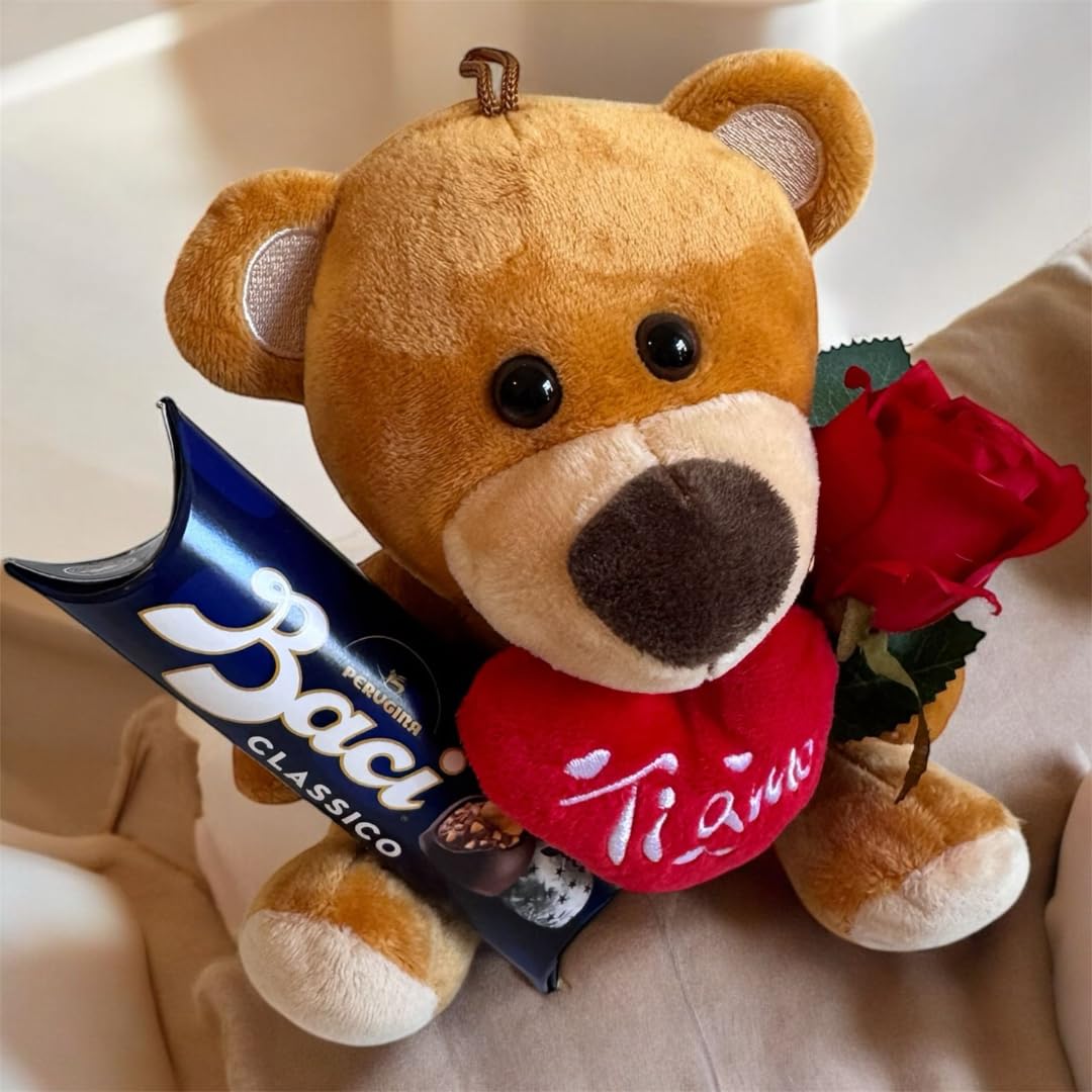 Baci Perugina Regalo Originale Festa della Mamma 2025 - Orsacchiotto + 37,5grammi Baci Perugina Tubino + Rosa Rossa
