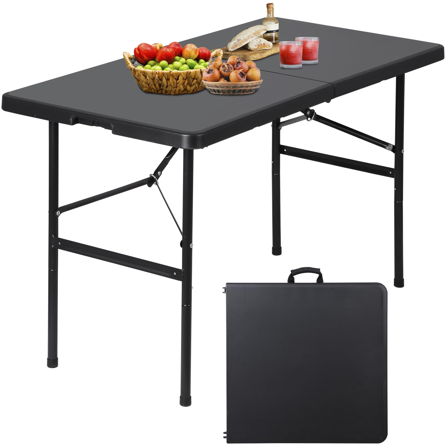 Saicool Portable Folding Table, Heavy Duty Picnic Table Indoor Outdoor Plastic Camping Table w/Carring Handle Lock for Picnic, 4FT, Black