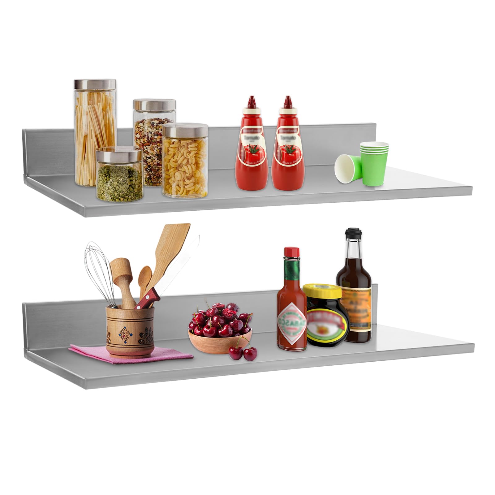 Estantería para especias de pared de acero inoxidable, juego de 2 unidades, estante para especias colgante, 18 kg, estante de cocina para especias, soporte para utensilios de cocina, montaje en