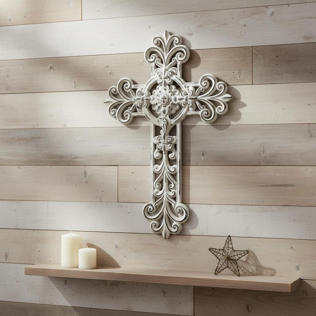Comfy Hour 12" White Cross for Wall Decor, Rustic Antique Style Religious Plaque, Artisan Finished Vintage Victorian Wall Art for Home Sanctuary, Resin Sculpture