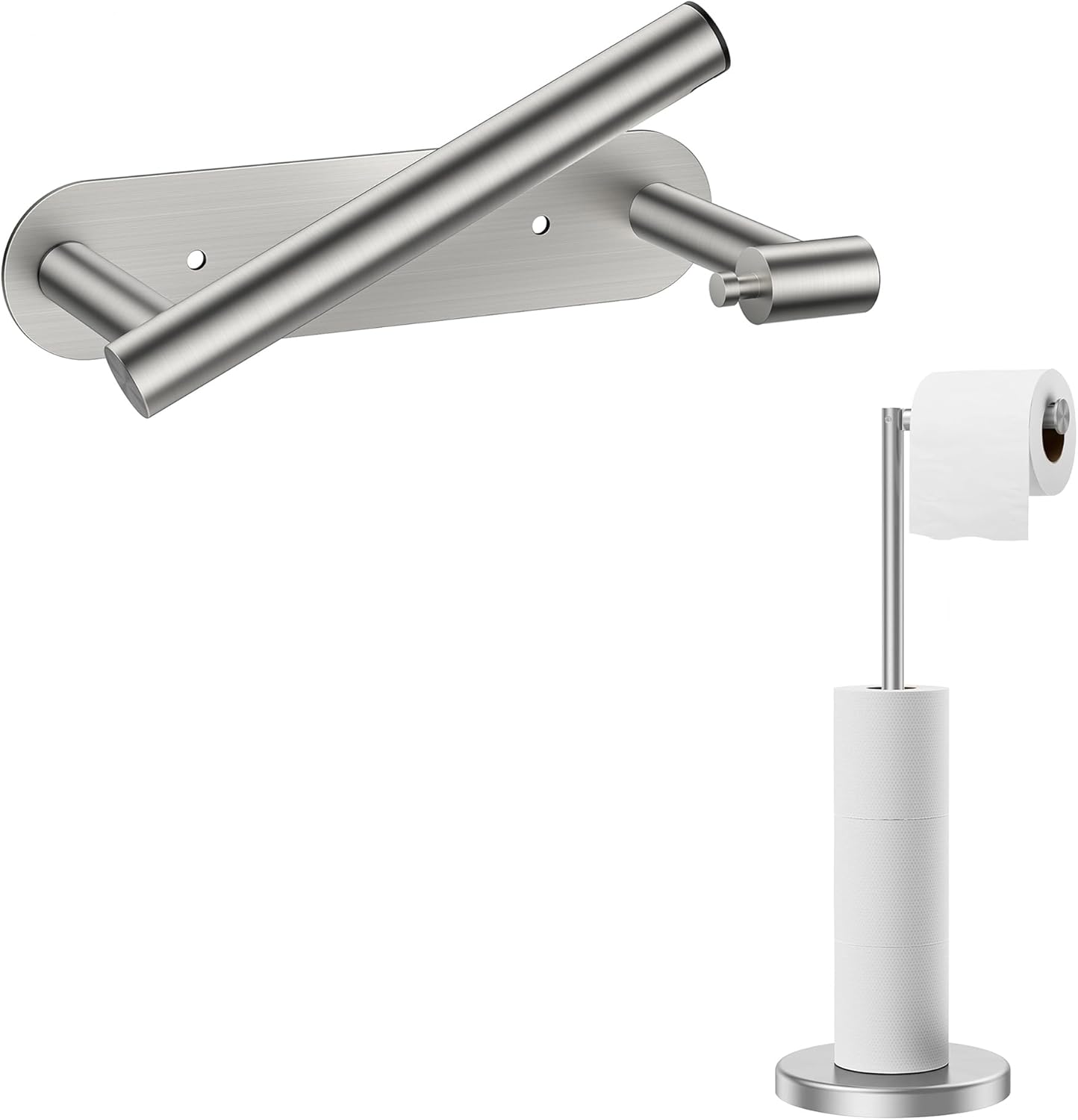 FORIOUS Toilet Paper Holder Stand, Modern Freestanding Tissue Roll Holder for Bathroom,and FORIOUS Toilet Paper Holder, Adhesive or Screw Wall Mount Pivoting Tissue Roll Holder for Bathroom