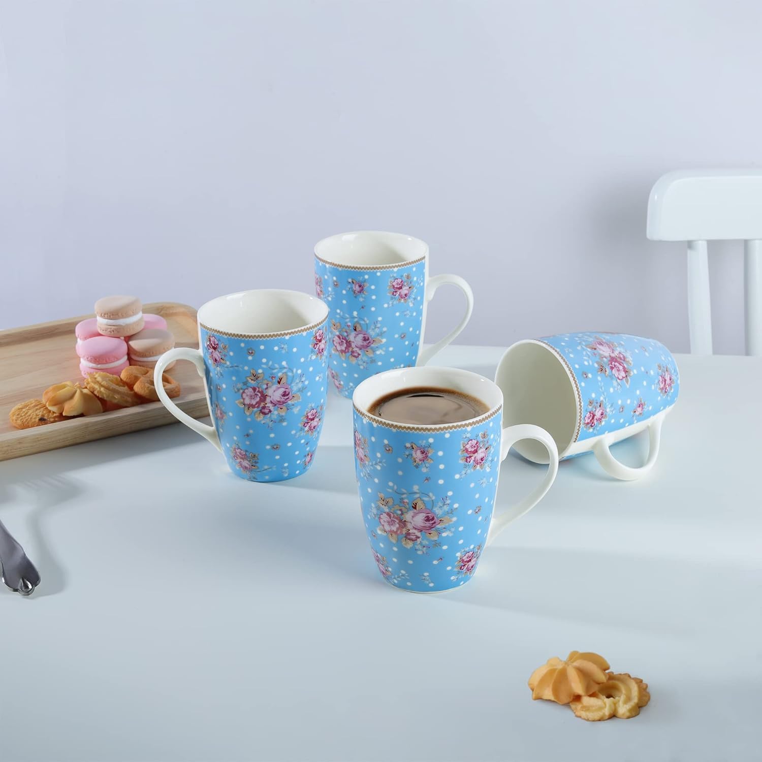 fanquare 350ml Juego de Tazas de Café de Porcelana Floral con Asa, Grande Tazas de Té Azul y Blanca, Juego de 4