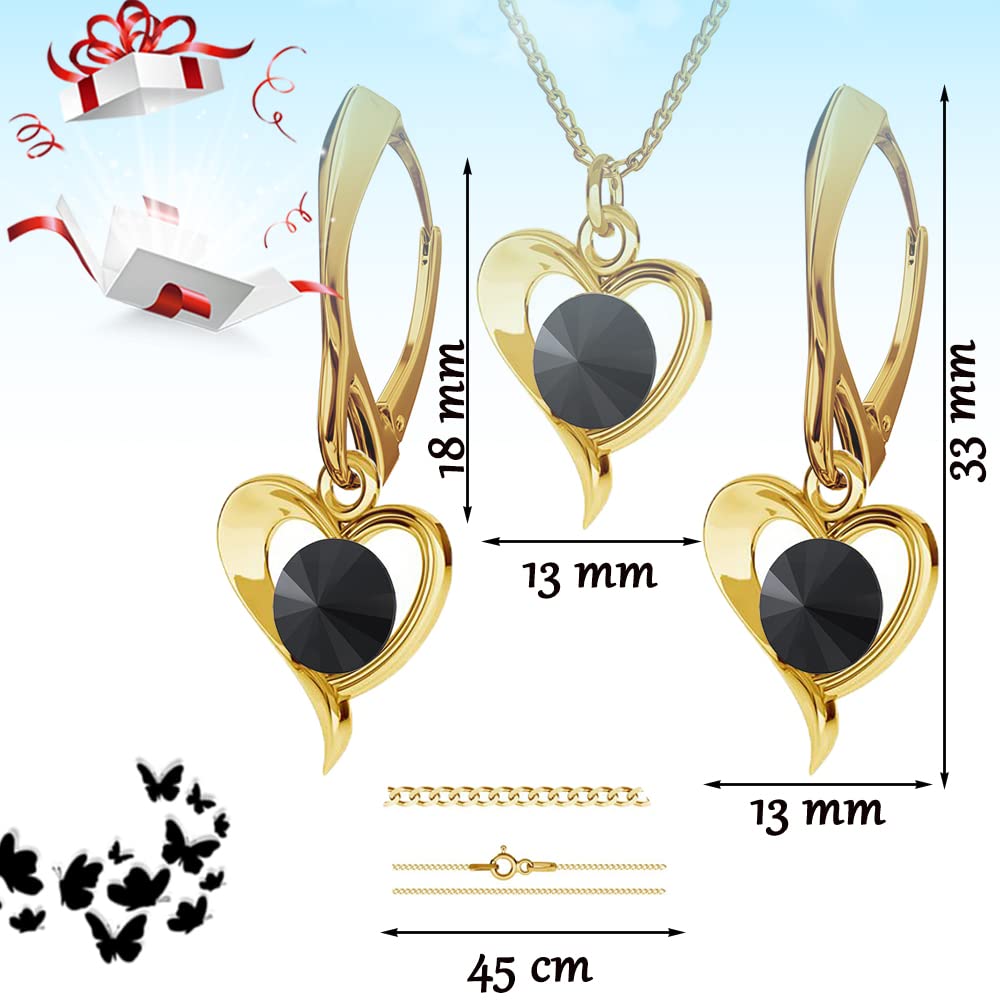 Set di gioielli in argento Sterling 925 placcato oro 24 K con cristalli, cuore – orecchini da donna – collana con ciondolo