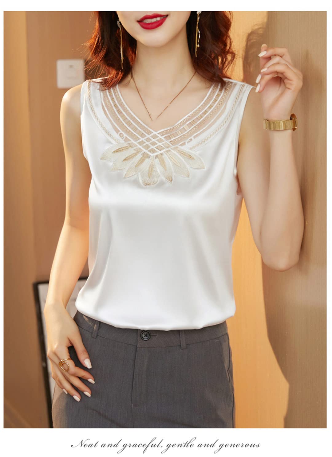 Camisetas sin Mangas con Cuello en V para Mujer, Blusas de satén holgadas Informales de Verano con Bordado Black Gold S