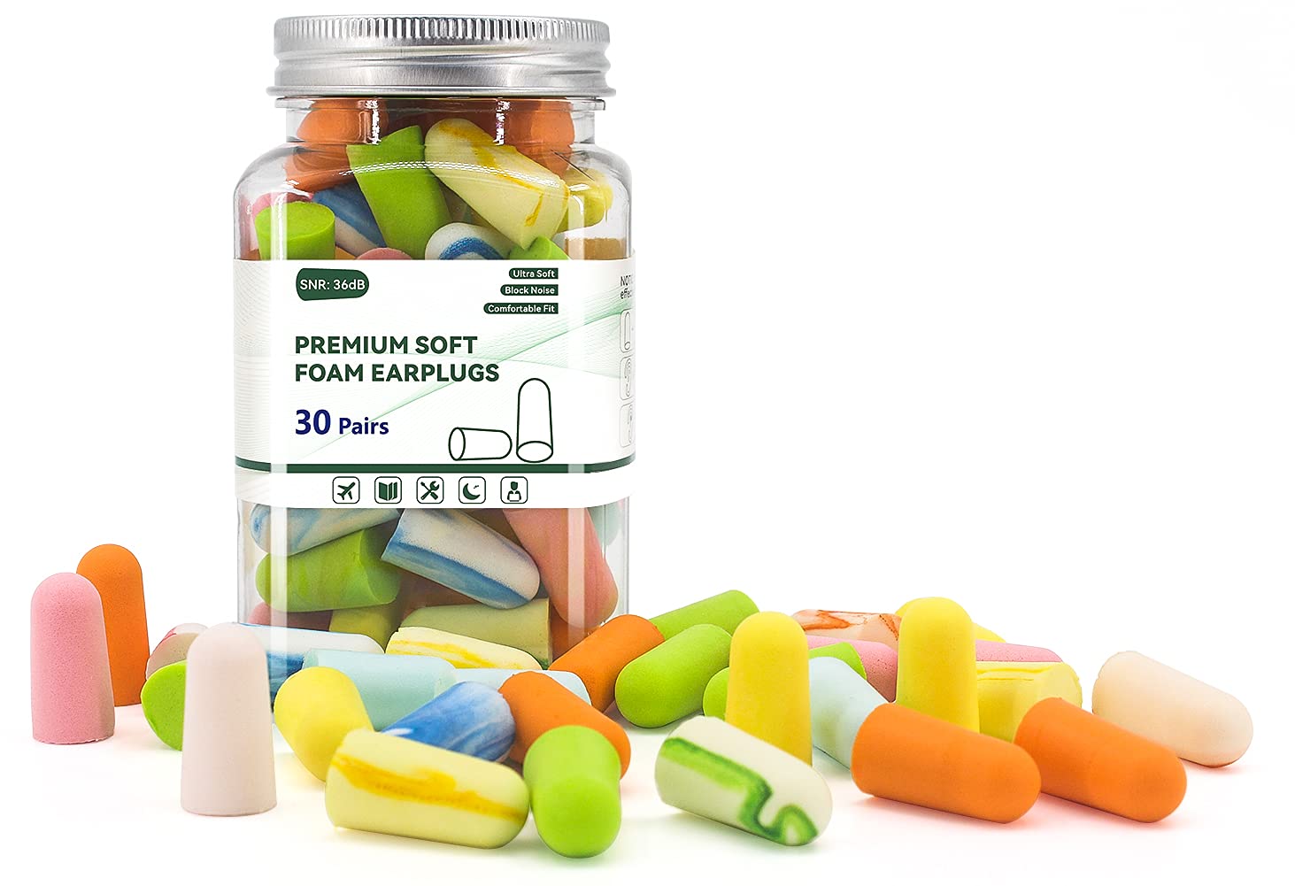 HappycocoFoam Ear Plugs Sleep - Soft Foam Earplugs Sound Blocking Noise Cancelling for Sleeping, 36dB SNR Reusable for Hearing Protection, Work, Concerts, Snoring, Shooting, Studying (30 Pairs)