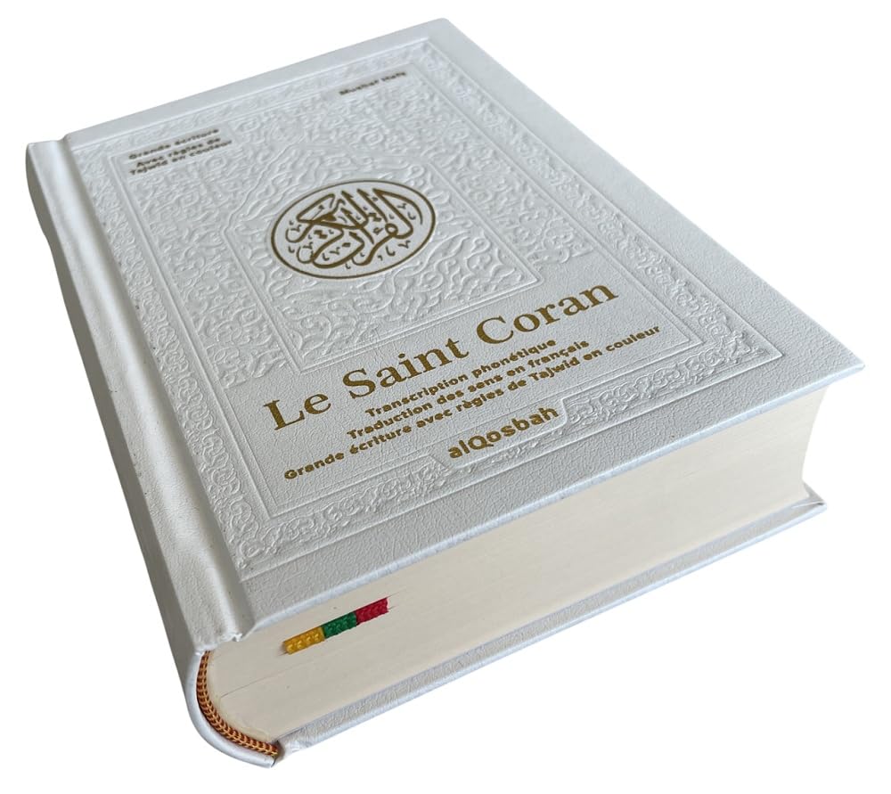 Le Saint Coran avec grands caractères - Transcription phonétique - Traduction des sens en français - Grande écriture et Regles de Tajwid en couleur et Vidéos - Blanc doré (13,5 x 18 cm)