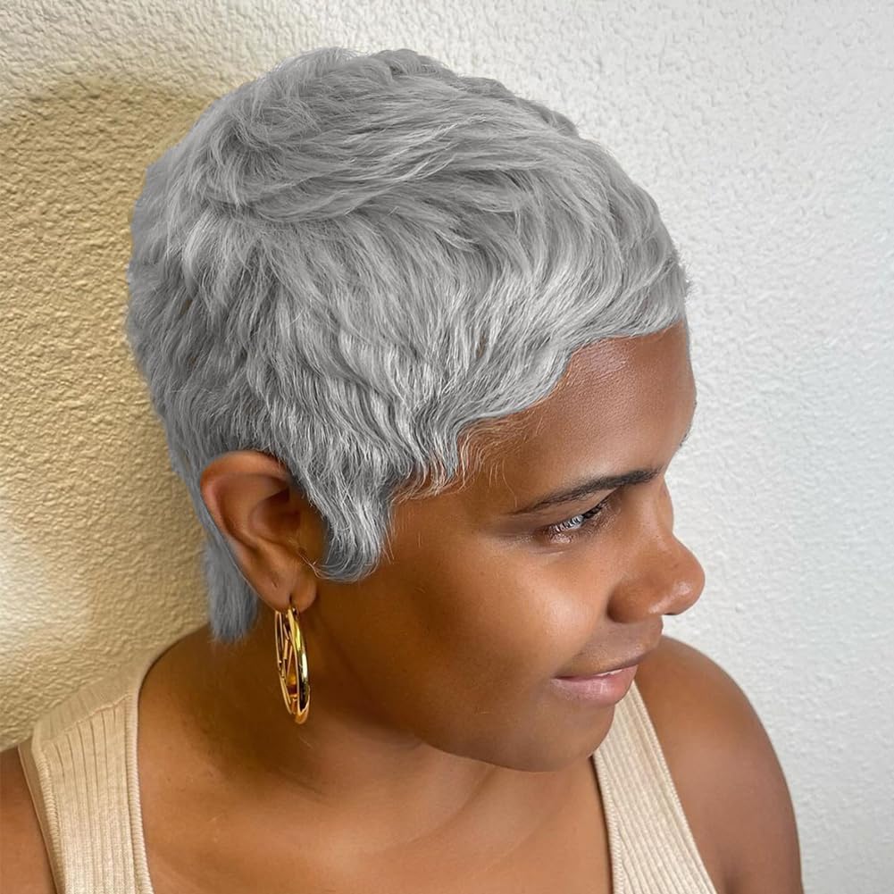 MOONSHOW Grey Short Pixie Wigs for Black Women Short Grey Hair Wig Pixie Cut Wigs for Black Women Pixie Cut Hairstyles Natural Synthetic Gray Wig