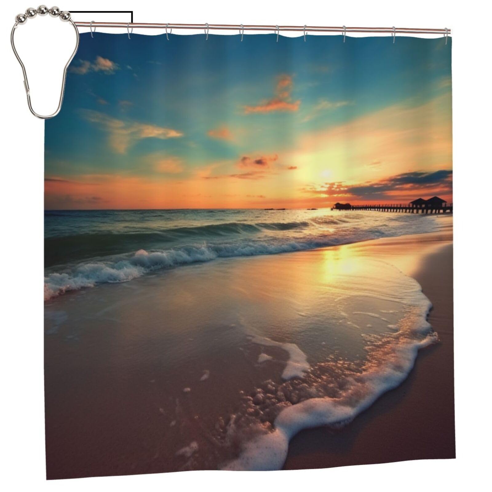 BWWHCCTI Sunset Beach Printed Shower Curtain With 12 Iron Hooks Opaque Quick Drying Waterproof Shower Curtains Sets For Bathroom 183x183 CM