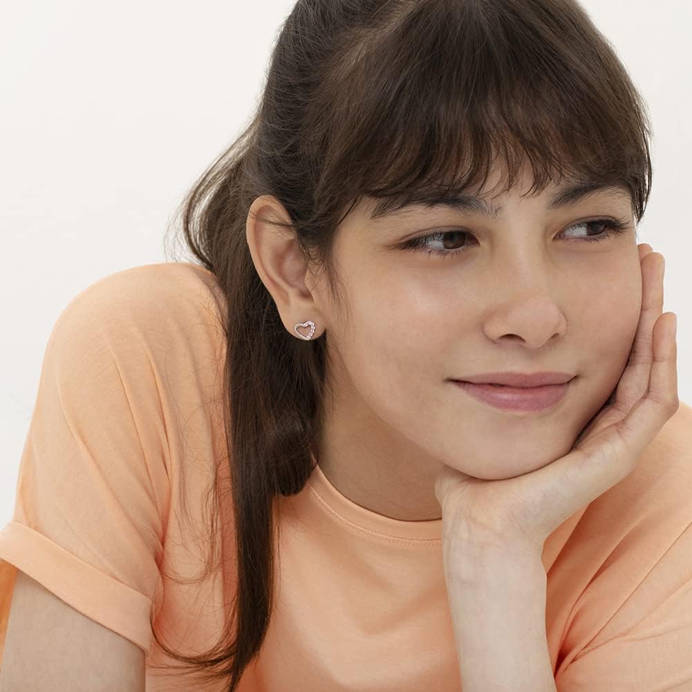 925 Sterling Silver Pink Cubic Zirconia Open Heart Screw Back Earrings for Toddlers & Young Girls - Stylish Pink CZ Earrings - Crystal Encrusted Open Heart Stud Earrings - Image 2