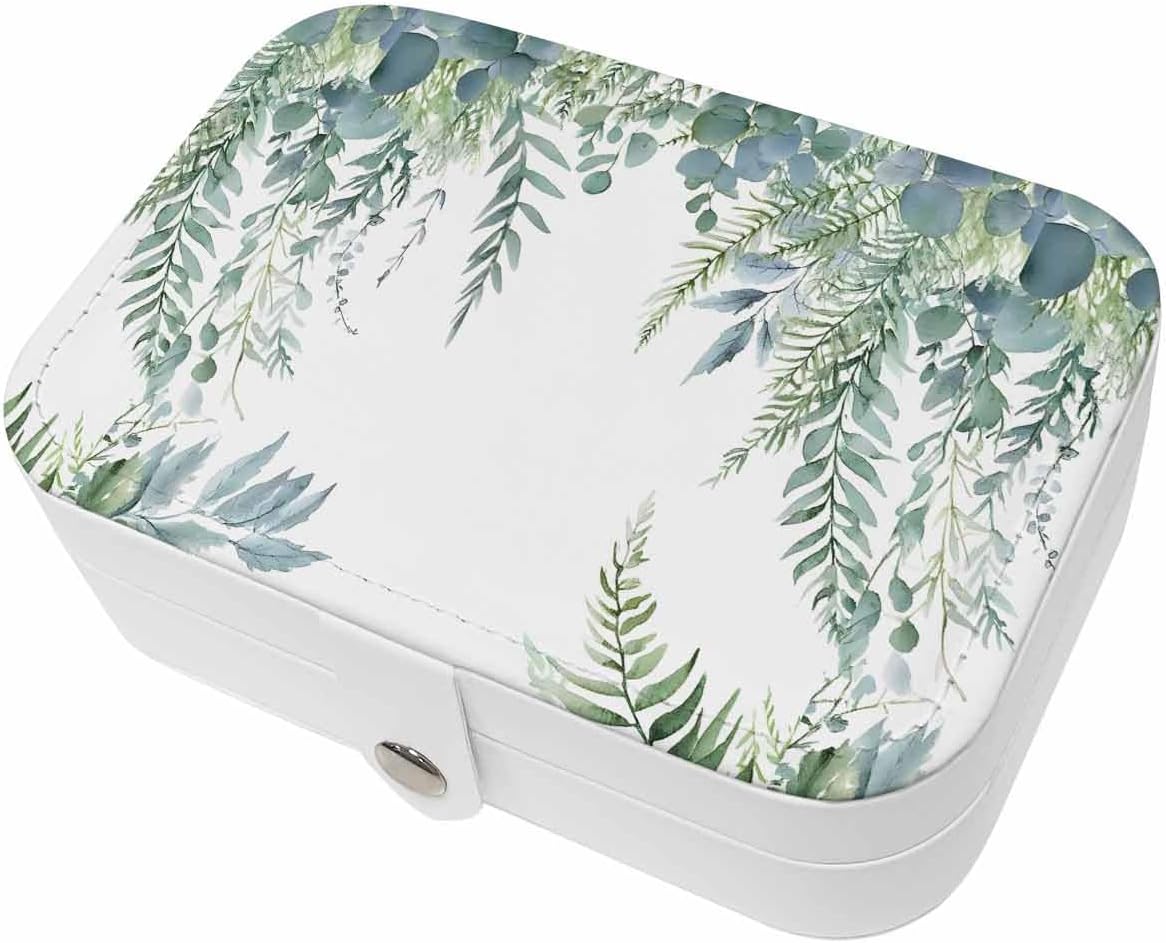 Travel Jewelry Case, Blue Eucalyptus Leaves Green Plant PU Leather Organizer Box Portable Small Storage Decorative Case for Ring Necklace Earring Gift for Girl Women