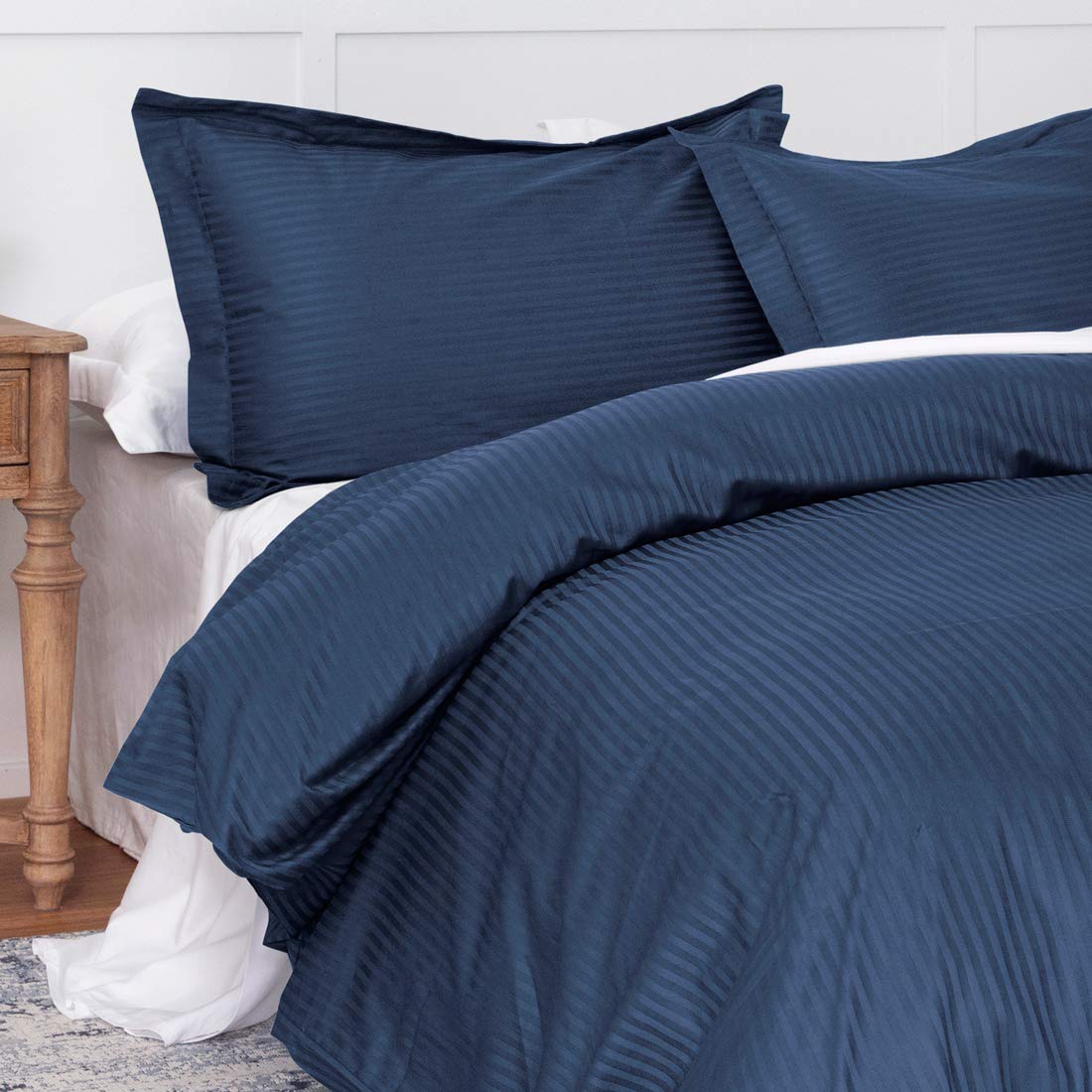 Duvet Cover Navy Blue King, Classic Damask Pinstripe Pattern, 100% Long Staple Cotton 400TC with Silky & luxury Sateen Woven, Cool & Breathable, Luxury Royal Hotel Style Clean Look Duvet Cover Set
