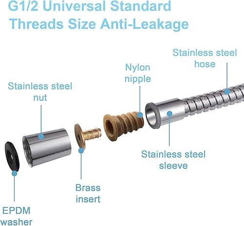Miniatura 5 de OFFO Manguera de ducha de alto flujo de 0.43 pulgadas, orificio grande, 48 pulgadas, sin torceduras, de acero inoxidable, repuesto G12 pulgadas, a
