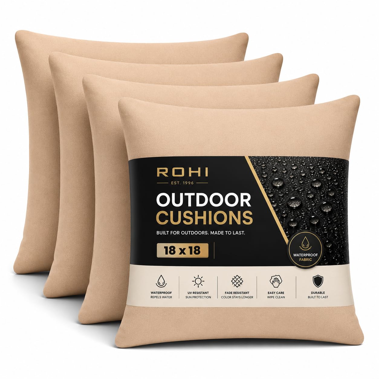 Rohi Waterproof Outdoor Cushions 4 Pack Filled – Decorative Waterproof Cushions for Garden, Patio, Couch, Tent, Balcony and Sofa (Latte, 18" x 18") — image 1