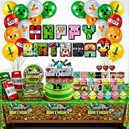 Pixel Game Birthday Party Decorations - Miner Supplies Set Gaming Theme - Including Banner Balloons Tablecloth Plates Toppers Napkins Favor Bags - Mining Bday Pack Craft Decor Kit Boys Girls