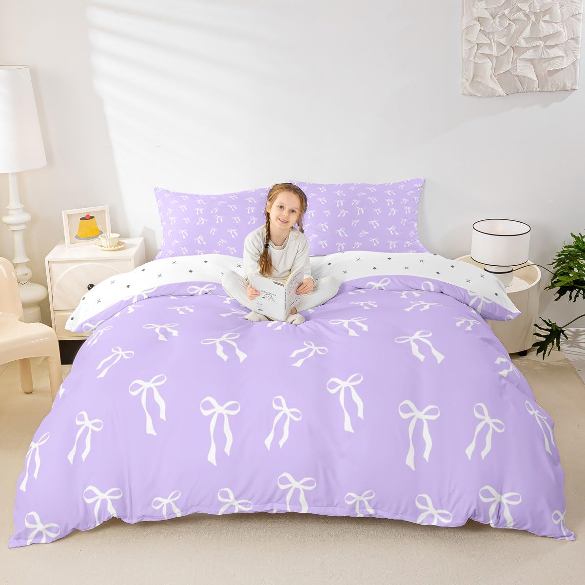 Homewish Kawaii Bow Knot Bed Set White Coquette Bow Duvet Cover Single Purple Princess Bedding Set Modern Watercolor Aesthetic Quilt Cover Simple Bow Tie Decor โ image 1