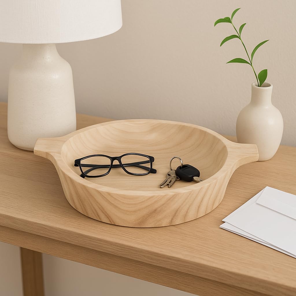 Modern Round Wood Decorative Bowl with Handles for Coffee Table - Centerpiece Table Decorations and Dining Room for Home Decor Accents - Rustic Kitchen Counter Decor, Key, or Candy Bowl - 3.5", Brown