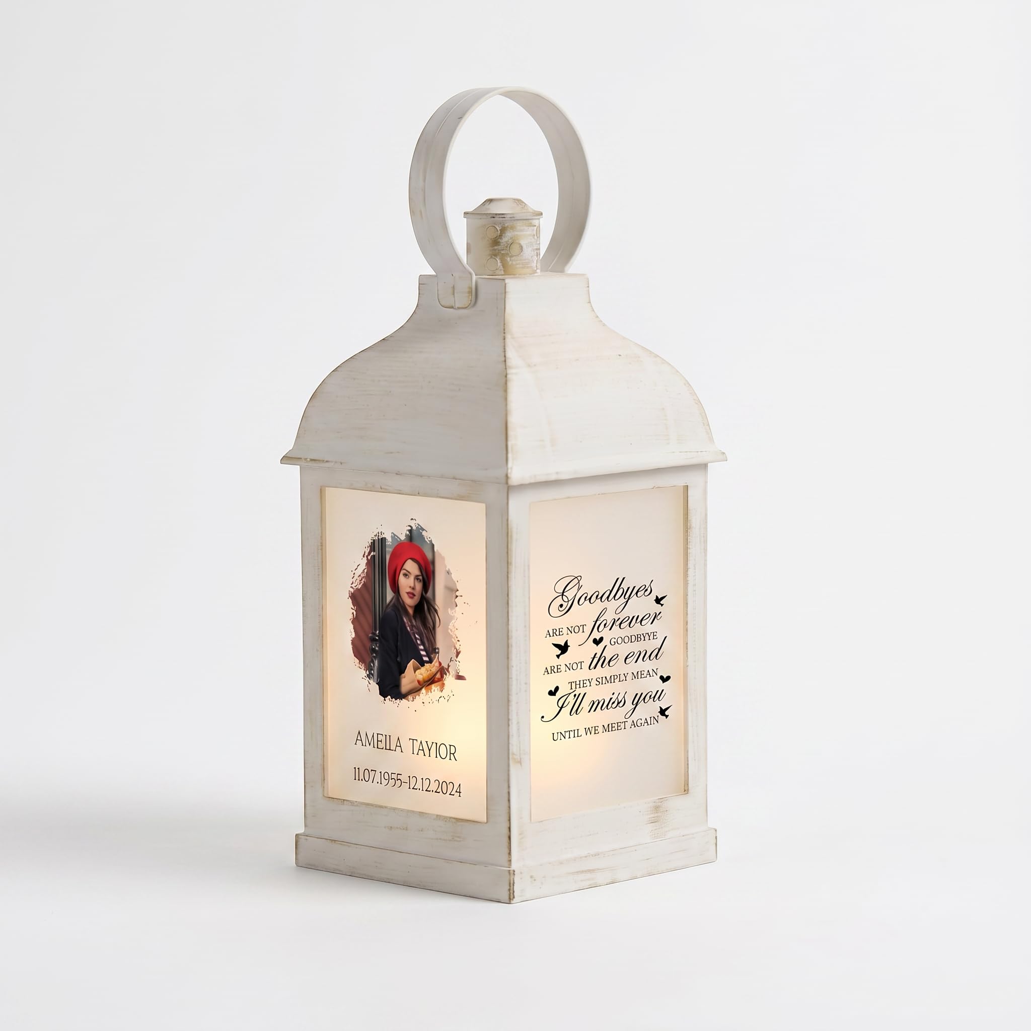 Personalised Photo Memorial Lantern with Candle Holder, Memory Light Display, Goodbyes are not Forever
