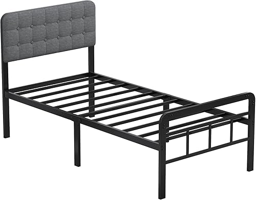 Miniatura 9 de EMODA Marco de cama de tamaño individual de 16 pulgadas con cabecera tapizada y estribo de metal, base de colchón de soporte de listones de metal