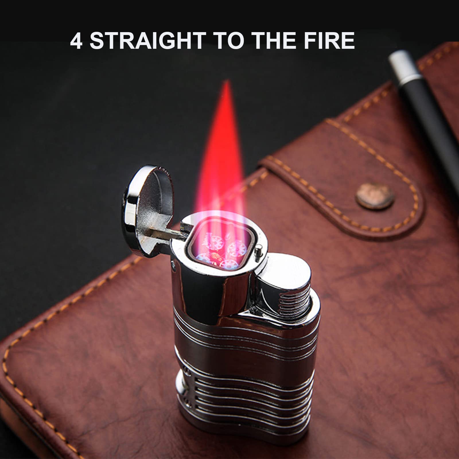 Briquet Torche en Métal Briquet Au Butane Rechargeable 4 Jet Flamme Gaz Cigarette Coupe-Vent Portable Briquet avec Poinçon Cigare Accessoires Fumeurs