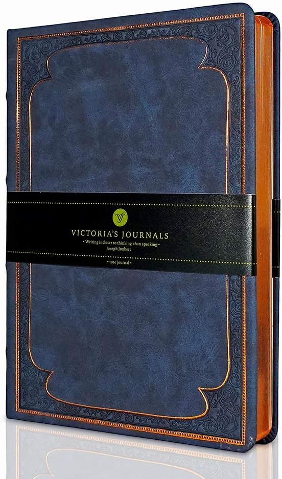 VICTORIA'S JOURNALS Leatherette Vintage Journal Hard Cover Lined Notebook Old Looking Travel Diary Dark Blue, 5.7'' x 8.1''