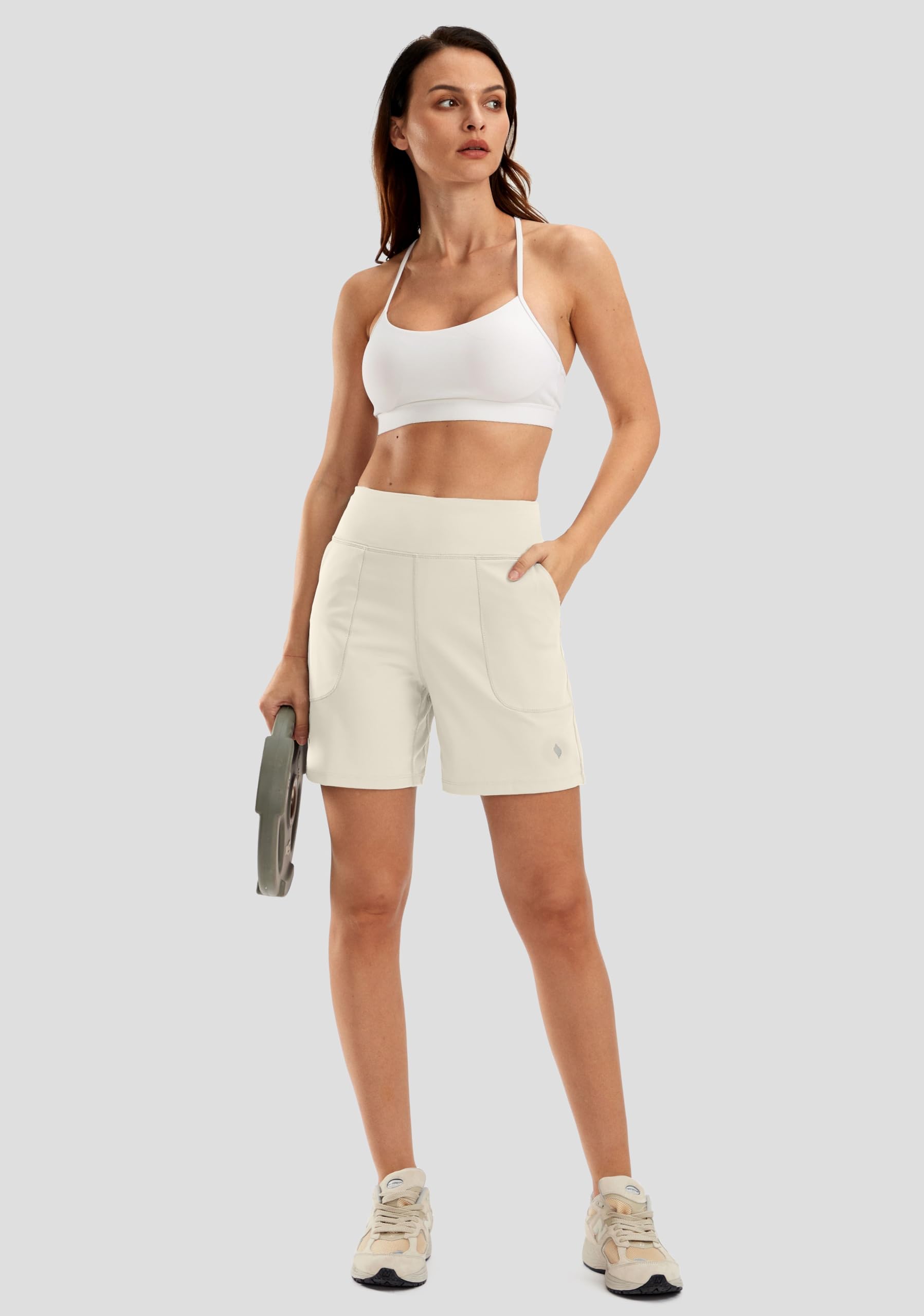 SANTINY Short long athlétique pour femme de 15,2 cm avec 4 poches – Bermuda taille haute pour la marche, la course à pied