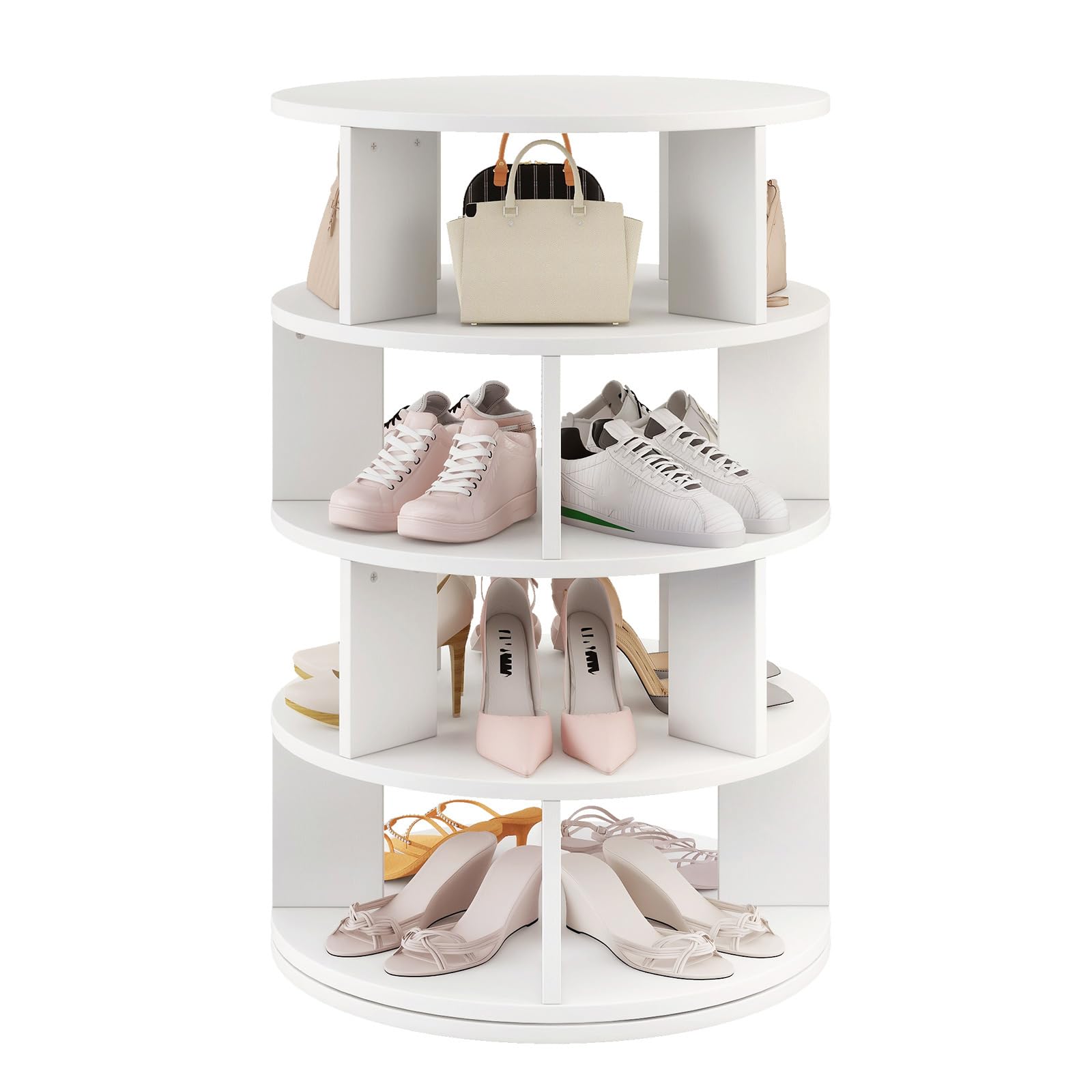 IBUYKE 4 Tier Rotating Shoe Rack, Wood 360°Spinning Shoe Rack Tower for 16 Pairs of Shoes, Vertical Round Shoe Handbag Organizer for Closet Entryway Living Room Bedroom, White WSR004W