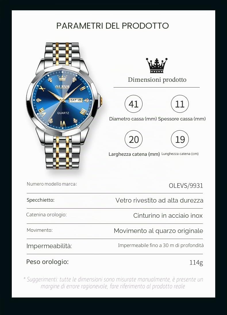 OLEVS Orologio da uomo con diamanti per affari, orologio analogico al quarzo in acciaio inossidabile, impermeabile, luminoso, con data, due toni, orologio da polso casual di lusso