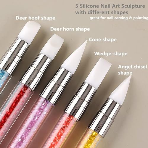 Fulinjoy 5Pcs Dual-Ended Nail Art Sculpture Pen Dotting Tools, Silicone Nail Polish Brushes Stainless Steel Carving Drawing Dotting Tool, Acrylic Rhinestone Handle, Nail Art Tools #TOP3