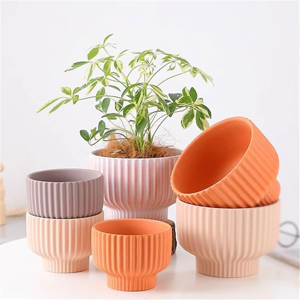 Sadzarki do kwiatów Okrągła Doniczka Ze Smugami, Ceramiczne Doniczki W Kolorze Mokki, Do Salonu, Sypialni, Parapetu, Dekoracji Ogrodu (2 Rozmiary)(Duży)