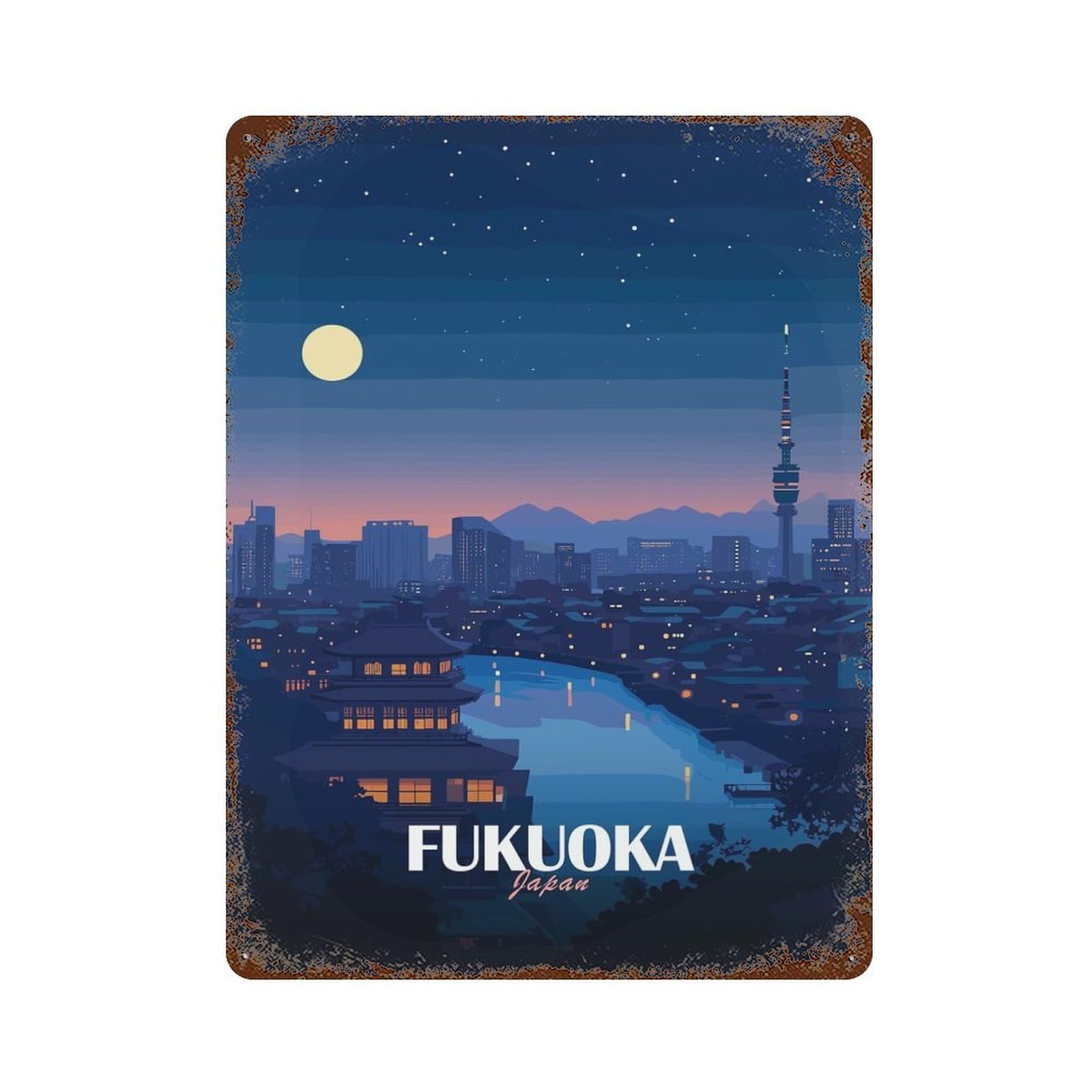 Garage Style Fukuoka Japan Night Cityscape Illustration Distressed Metal Wall Sign 15.7"x11.8", Vintage Wall Decor for Bar And Workshop