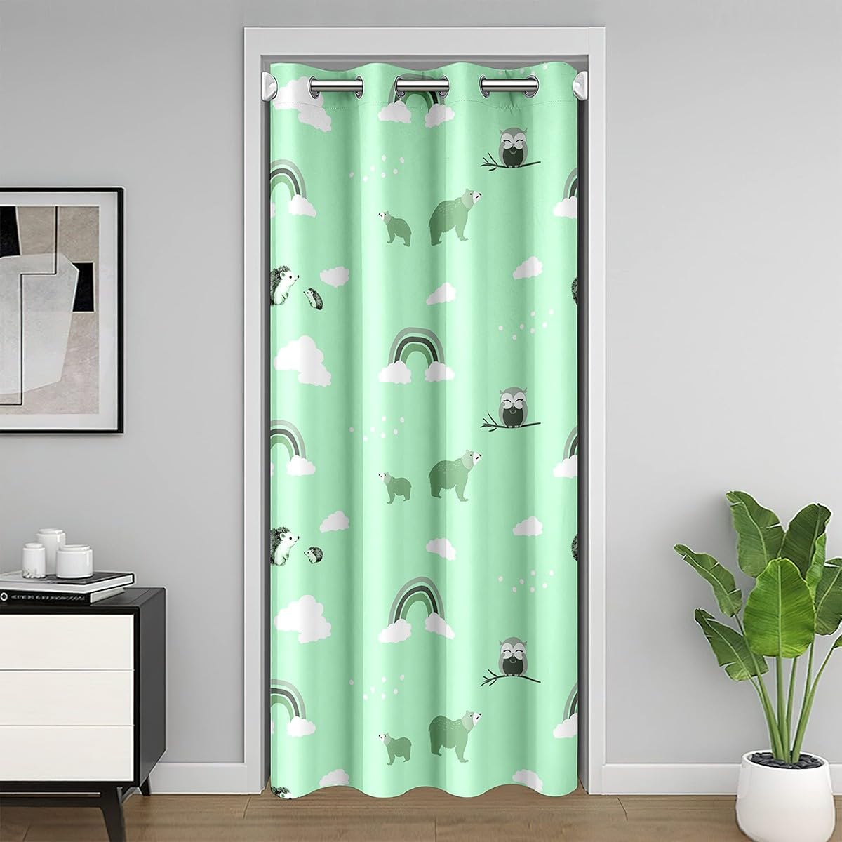 Loussiesd Cartoon Animals Door Curtain for Doorway Privacy 132x213cm 1 Panel Cute Owl Bear Squirrel Closet Cover Boys Girls Teens Green Rainbow Room Divider Curtain Cloud Bedroom Living Room Decor