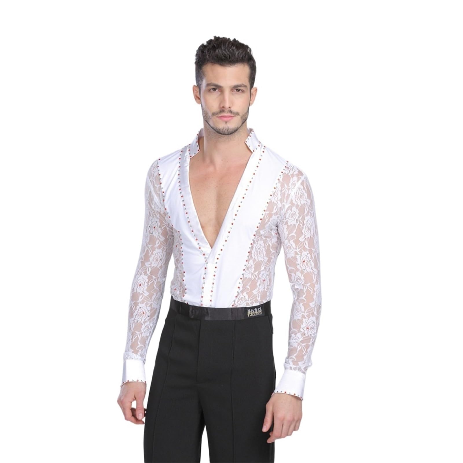 Ropa de Baile Latino for Hombre, con Encaje en Blanco y Negro, for Bailar vals, salón, actuación, Camisas, Tops Pantalones para Hombre, Salsa, Jazz, Danza