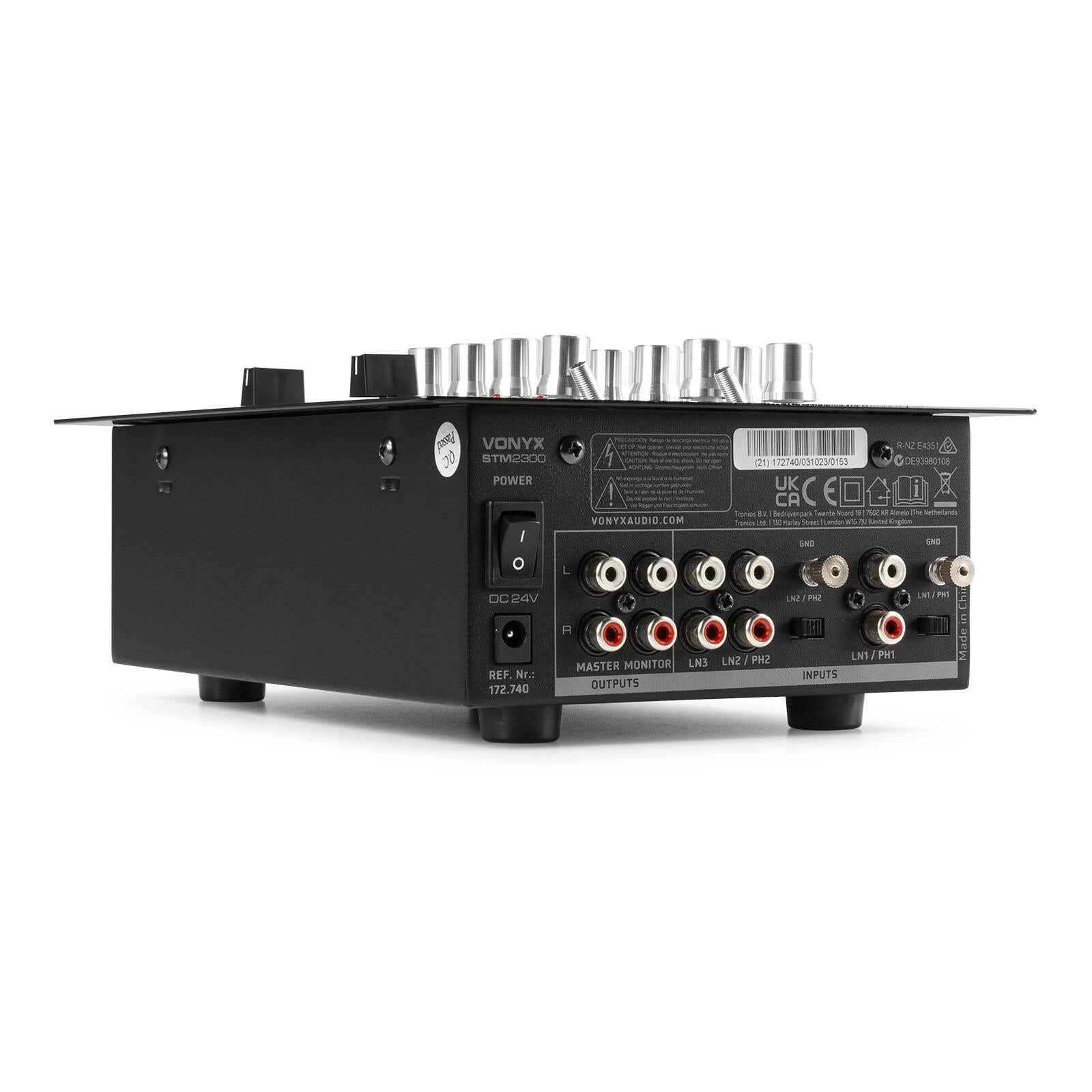 Vonyx STM-2300 Table de Mixage 2 Canaux - Entrée RCA Phono/Ligne Commutable, Sortie principale RCA et Sortie Casque, Egaliseur 3 Bandes sur les Canaux, Egaliseur 2 Bandes Mic, Idéal pour DJ Mobile