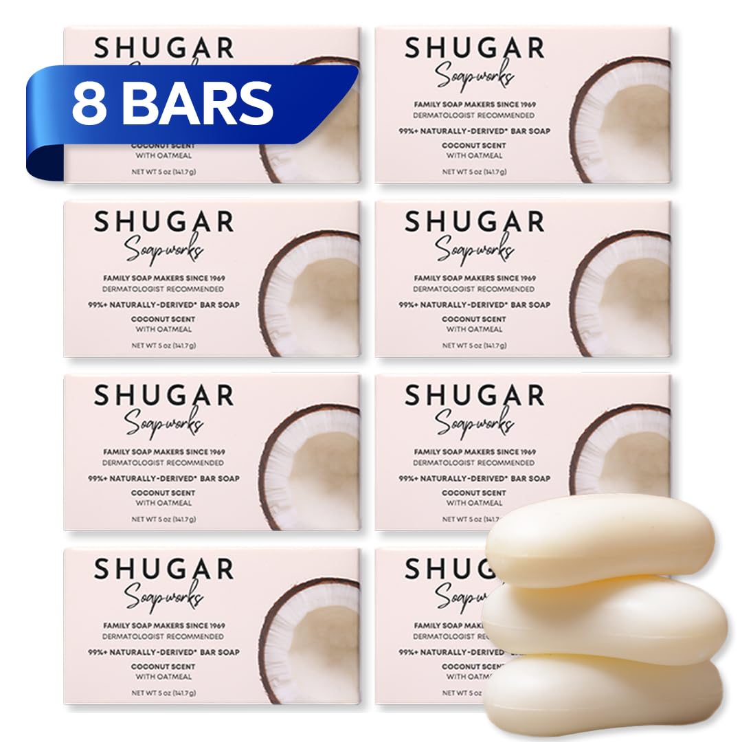 Shugar Soapworks Oatmeal & Coconut 5 oz Beauty Bar Soap 8-Pack | Plant-Based Vegan Formula | Sulfate & Paraben Free | Moisturizing Gentle Cleanser
