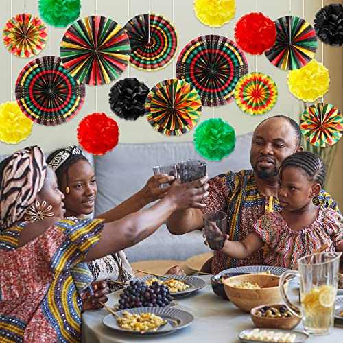 Image of Outus 21 Pcs Juneteenth Decorations Hanging Paper Fans Juneteenth Tissue Paper Poms Red Green Yellow Classroom Garland for Kente African American Party Supplies