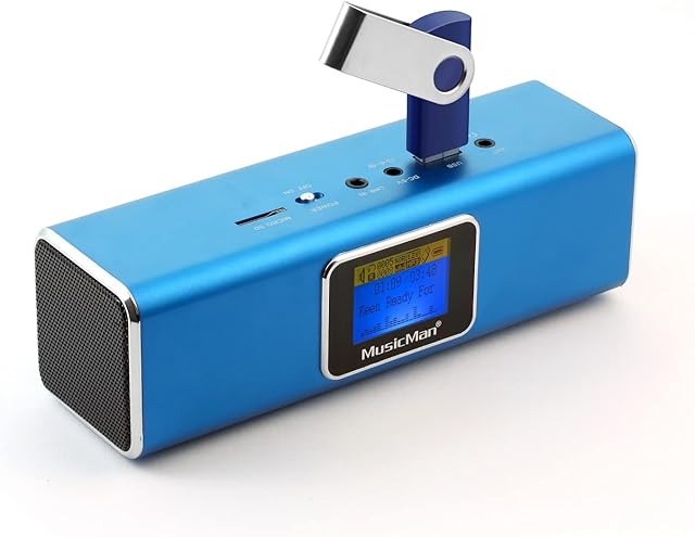 MusicMan TXX3548 MA Soundstation Stereo-Loudspeaker with Integrated Rechargeable Battery and LCD Display (MP3 Player, Radio, MicroSD card slot, USB slot) - Blue