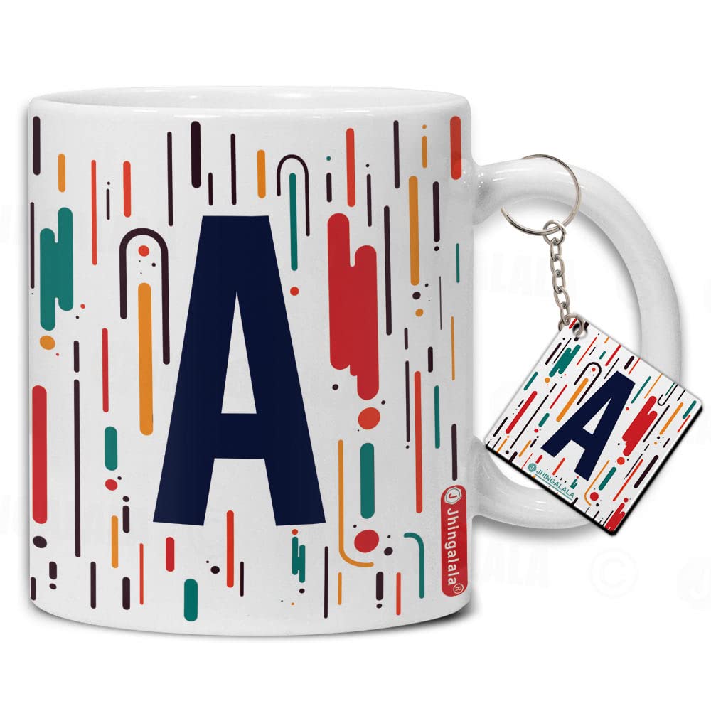Jhingalala Initial Letter Alphabet Printed Ceramic Coffee Mug with Keyring- 11 Oz Mug Gift for Boys (Letter A)