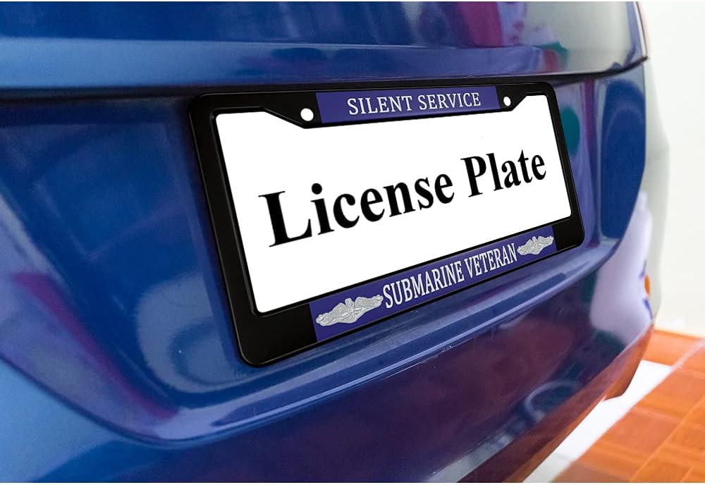 oFloral Silent Service Sub Veteran Aluminum Alloy License Plate Frame White Dark Blue Applicable to US Standard Car Metal Car Tag Frame Funny Front License Plate Holder for Women Men(1 Pack)
