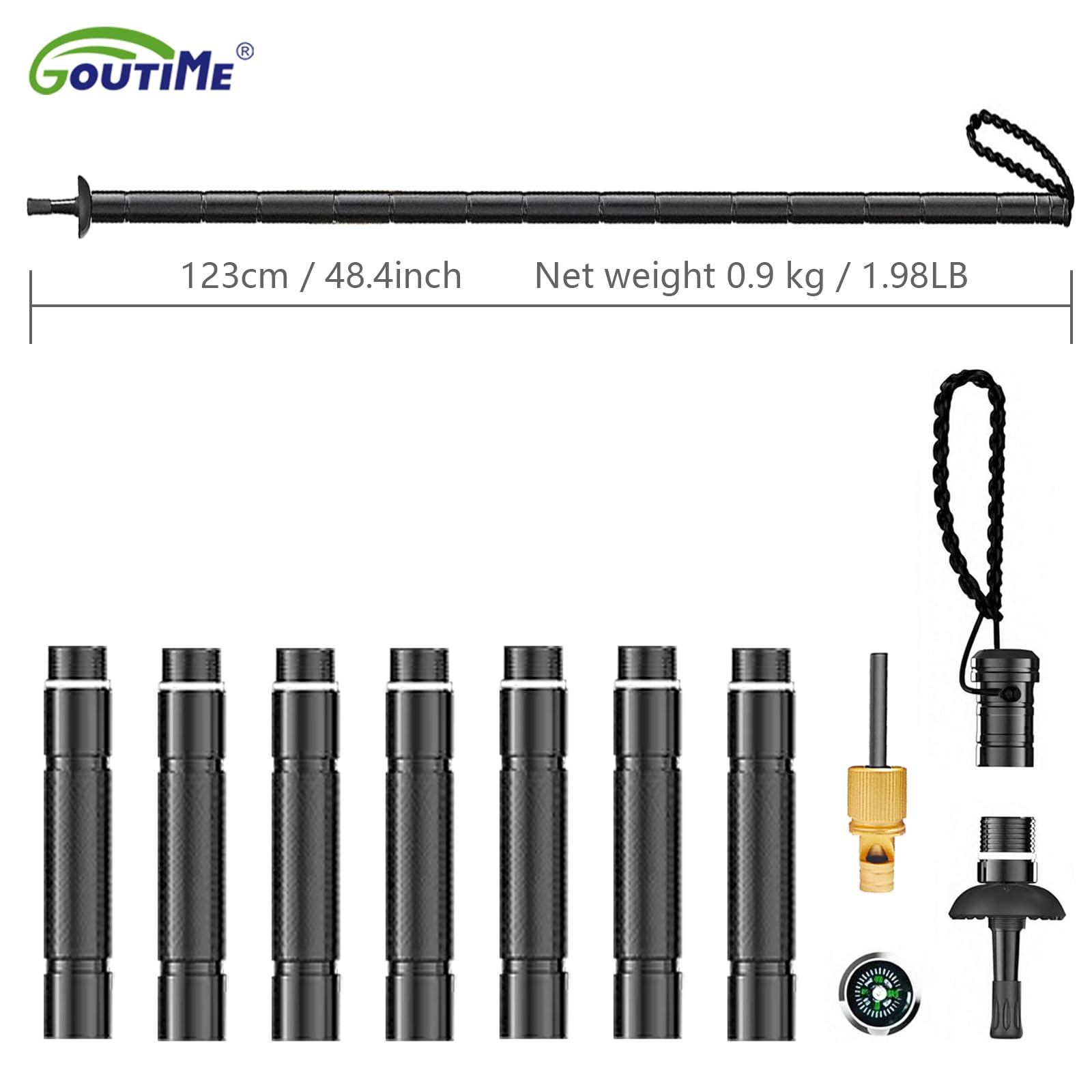 GOUTIME Bastoncini da Cammino in Alluminio Regolabili 123cm, Ammortizzati, Smontabili per Trekking, Montagna e Campeggio, Borsa Inclusa (Nero)