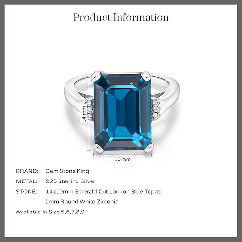 Miniatura 5 de Gem Stone King 925 Sterling Silver London Blue Topaz With Accent Stone Engagement Ring For Women (9.57 Cttw, Emerald Cut 14X10MM, Gemstone