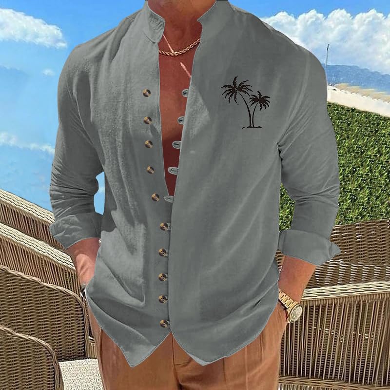 Men's Button Down V Neck Shirt Coconut Palm Print T-Shirt Long Sleeve Stand Collar Loose Fall Vacation Casual Tee Tops2