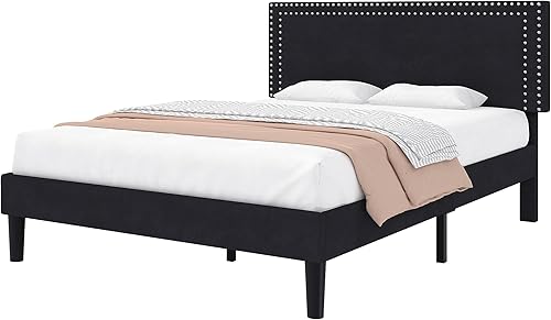 Miniatura 7 de VECELO Base de cama de plataforma de tamaño matrimonial con cabecera tapizada ajustable, base de colchón moderna, soporte de listones de madera