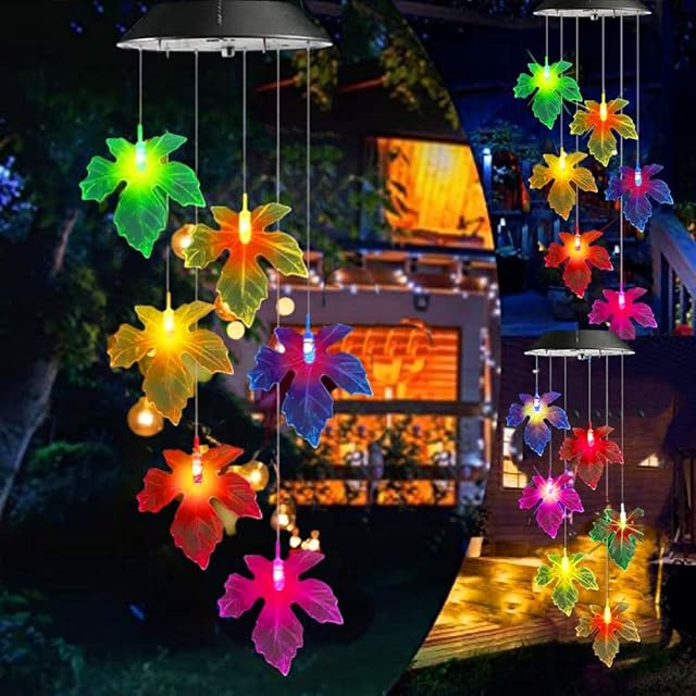 GERHANNERY Solar Wind Chimes Outdoor, Color Changing Mobile Decorative Patio Lights, Waterproof Wind Chime Solar Lights, Décor Light for Garden, Yard, Patio, Gifts for Mom, GrandmaMaple Leaf 