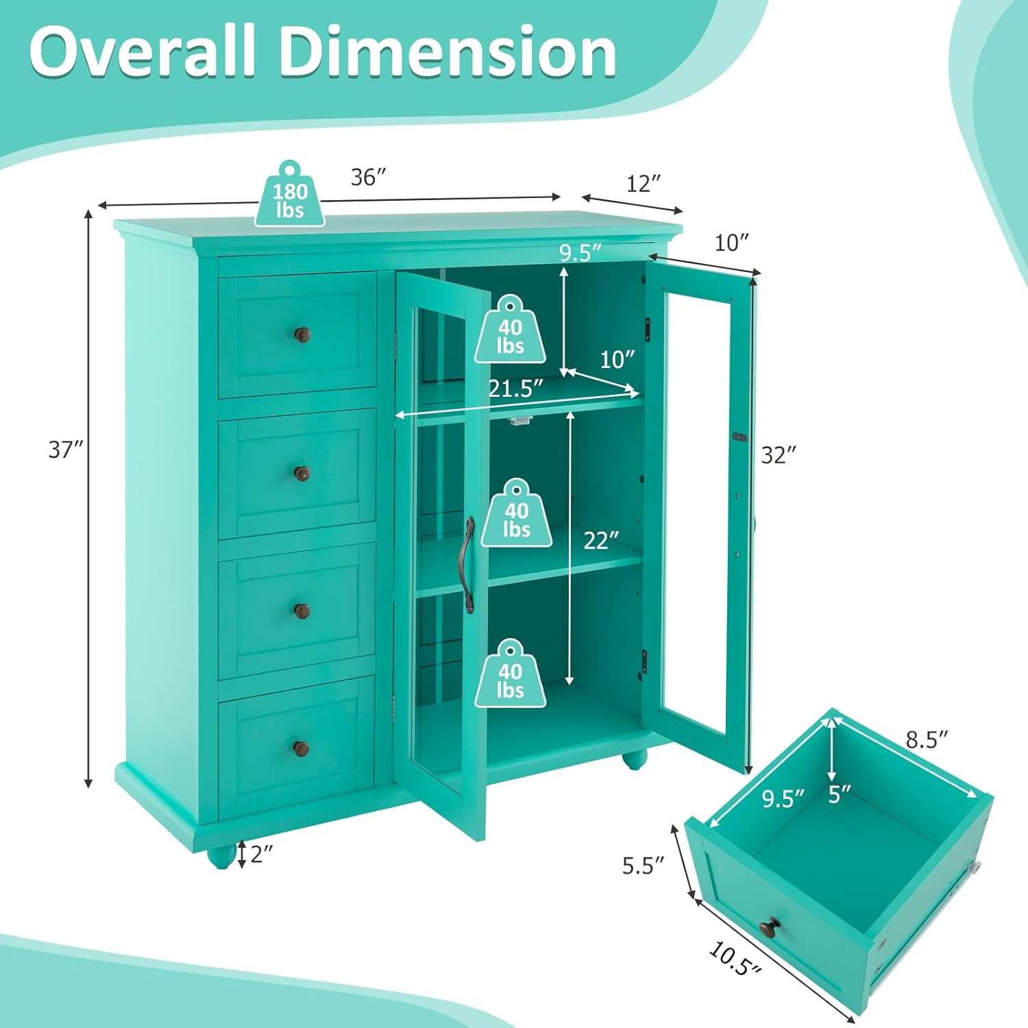 Buffet Cabinet with Storage, Kitchen Cupboard with 2 Glass Doors, Modern Credenza Storage Cabinet, Sideboard with Drawers for Dining Room, Coffee Bar, Bathroom, 36 נ12 נ37 inches