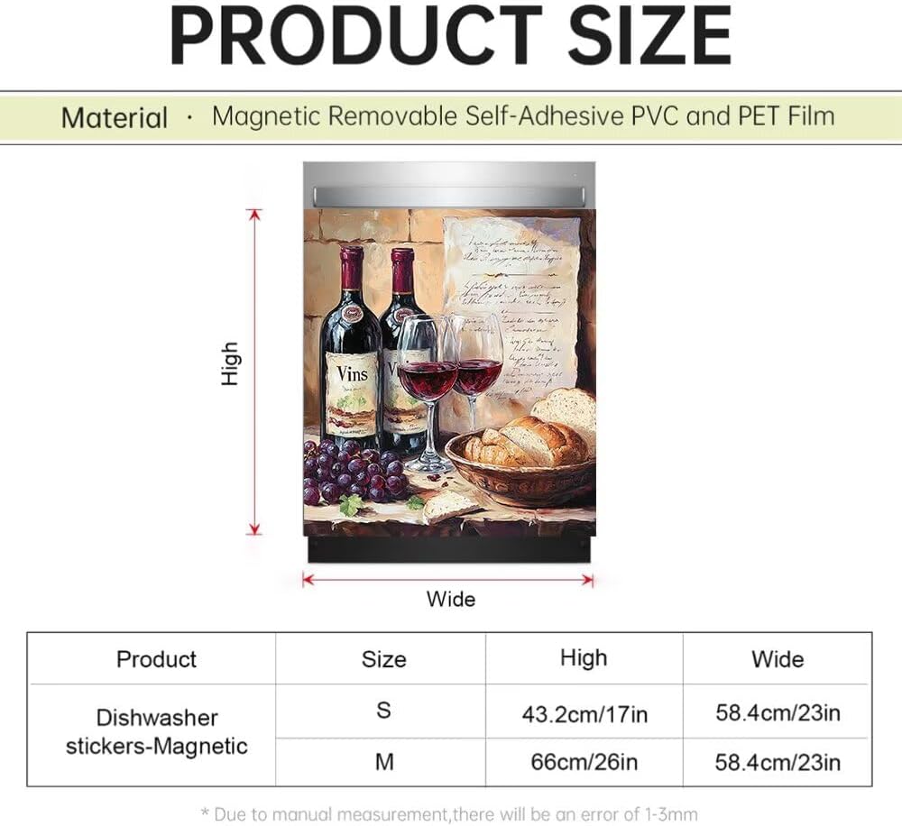 Vintage Wine Glass Dishwasher Magnet Full Door Cover, Bread Grapes Magnet Door Panels Cover for Refrigerator, Wine Bottle Home Cabinet Wash Machine Dryer Appliances Stickers, Magnetic 23" x 26"
