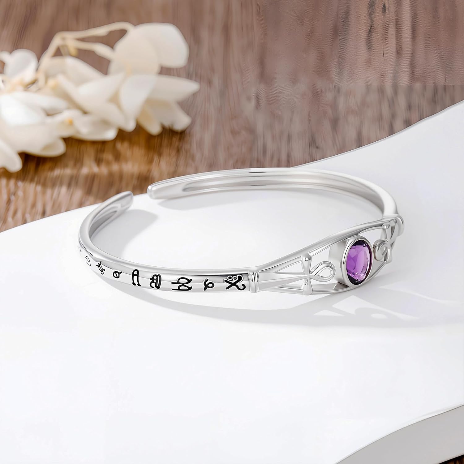 Egyptian Ankh Bracelet for Women, Sterling Silver Key of Life Open Cuff Bangle with Turquoise/Amethyst, Hieroglyphic Engraved Spiritual Jewelry