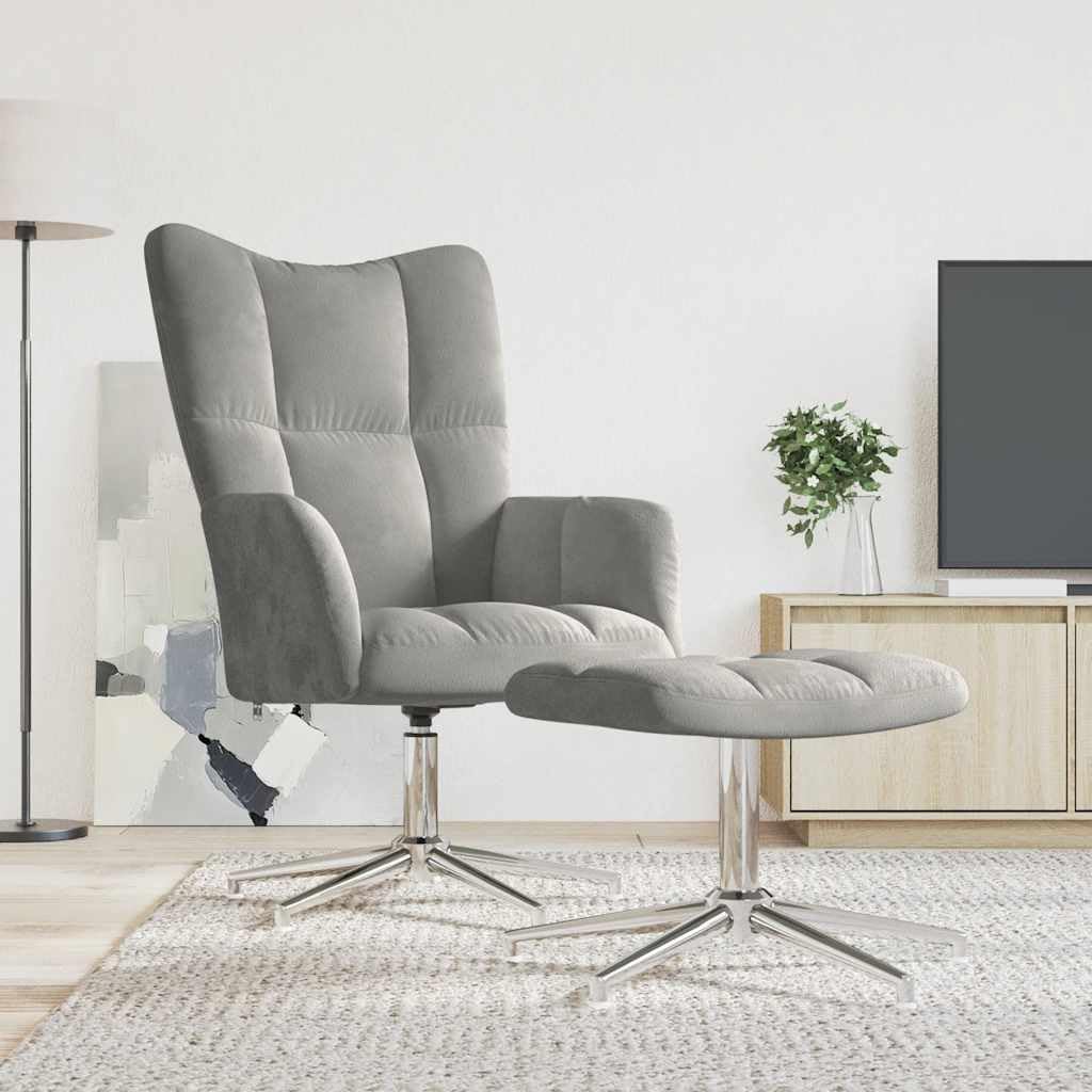 Sillón de relajación con taburete, terciopelo, gris claro, 62 x 68 x 98 cm, diseño cuadrado moderno, giratorio de 360°, cómodo sillón de lectura para salón, dormitorio, oficina
