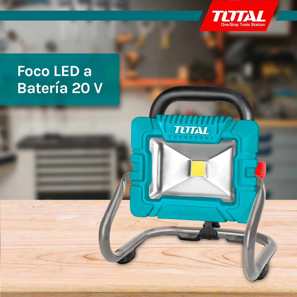 Total - Foco LED a Batería 20V - Iluminación Potente y Regulable para Exteriores, Jardines, Obras y Campamentos - Incluye Batería de 2Ah y Cargador - 900-1800 Lúmenes - Medidas: 63 x 23 x 3 cm