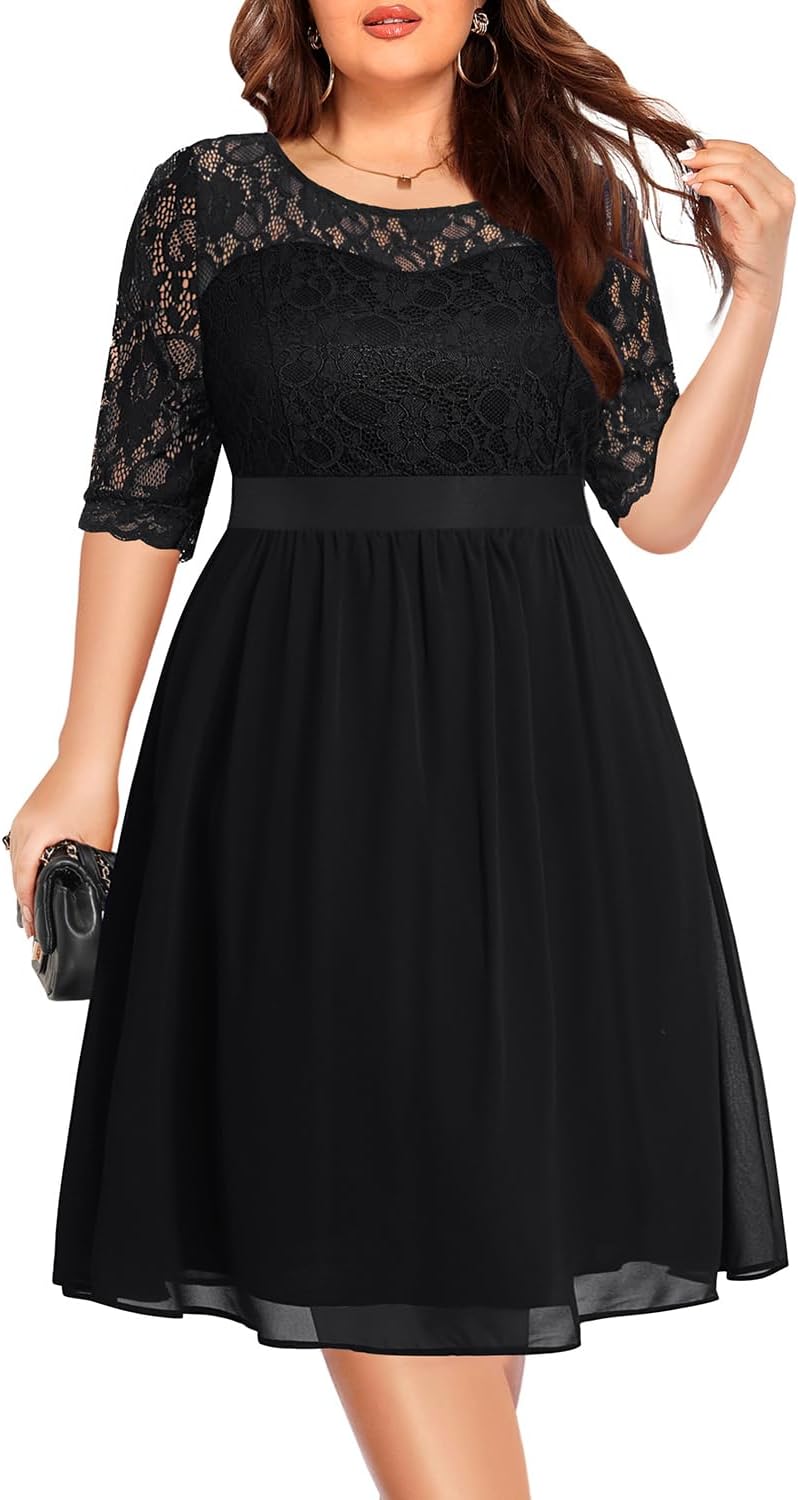 Pinup Fashion Plus Size Lace Chiffon Wedding Guest Dresses Women Cocktail Party Midi Dress - Image 2